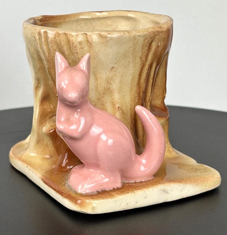 Vintage, unmarked, ceramic, blue deer by a tree or pink kangaroo by a tree, planters Pink Kangaroo