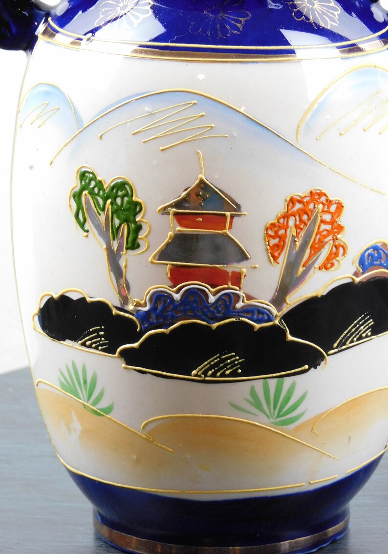 Vintage, Japanese, Porcelain, Cobalt blue, Moriage Satsuma Vase with Foo Dog Handles image 5