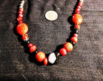 Original Red Coral and Snowflake Obsidian Necklace