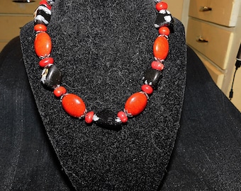 Original Red Coral and Snowflake Obsidian Statement Necklace