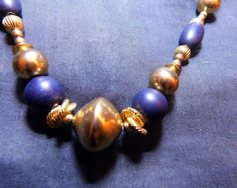 Lapis and Brass Bead Statement Necklace