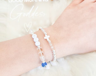 Bracelet Stack - Protection - Personalised Evil Eye and Cross Mother of Pearl Crystal Bracelet Stack/ Sterling Silver, 14k Gold Filled or Ro
