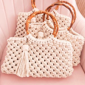 Bolso de mano de macramé / Bolso de macramé / Bolso de mano de macramé con borlas e inserto / Bolso de mano hecho a mano