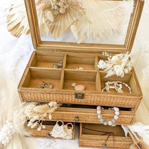 Weben Schmuckkästchen / Schmuckkästchen aus Rattan / Großes Schmuckkästchen / Schmuckschatulle aus Holz / Schwarzes Schmuckschatulle aus Rattan