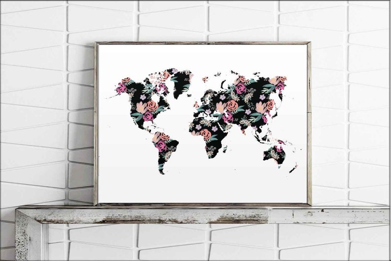 World Map Floral Printable Inspirational Travel Print Graphic Wall Art