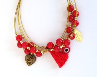 Hamsa Hand Red and gold Bracelet; Hamsa Hand; Gold filled; Red evil; Red Bead six strand tiger tail boho jewelry, Red Bracelet