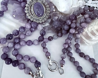 Lepidolite 8mm & 10mm Necklace: Purple knotted gemstone beads