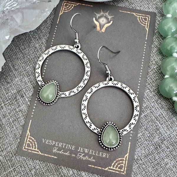 Green aventurine hoop earrings/Silver hoop earrings/australian seller/boho gypsy earring/bohemian hippie earrings/birthday gift for her