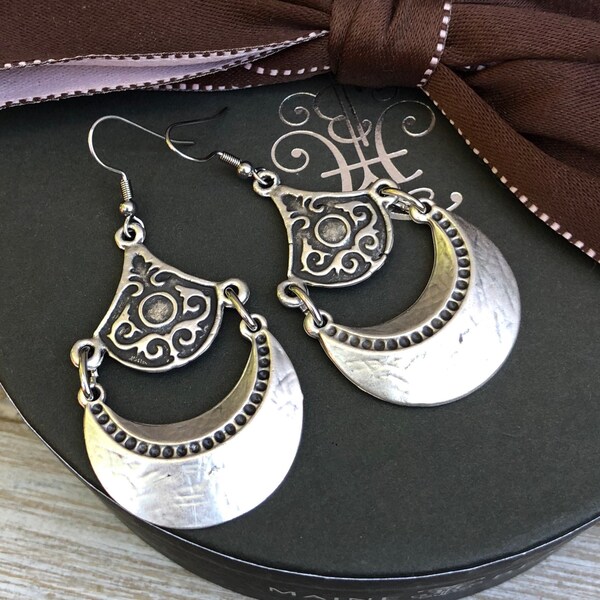 Silver half moon statement earring/bohemian jewelry/boho earring/gift for her/australian seller/hippie earring/gypsy earring/trendy earring