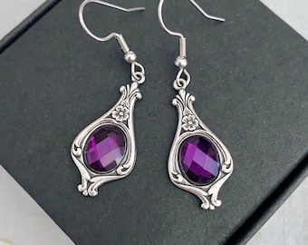 Pendientes Art Déco de cristal morado con filigrana bañada en plata de ley