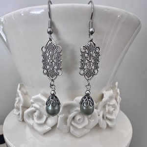 Vintage style filagree earrings/bridal earrings/wedding jewellery/australian seller/Swarovski pearl drop earrings/pacific opal drop earring image 1