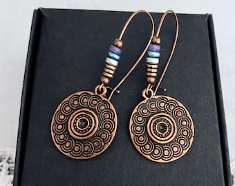 Boho koperen mandala-oorbellen, hematietkralen, etnische stijl