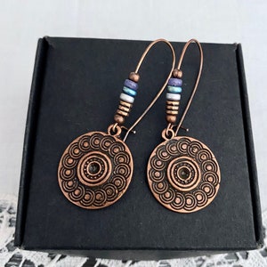 Rustic red copper mandala earrings/long drop earrings/bohemian earrings/australian seller/gypsy earring/hippie earrings/statement earring