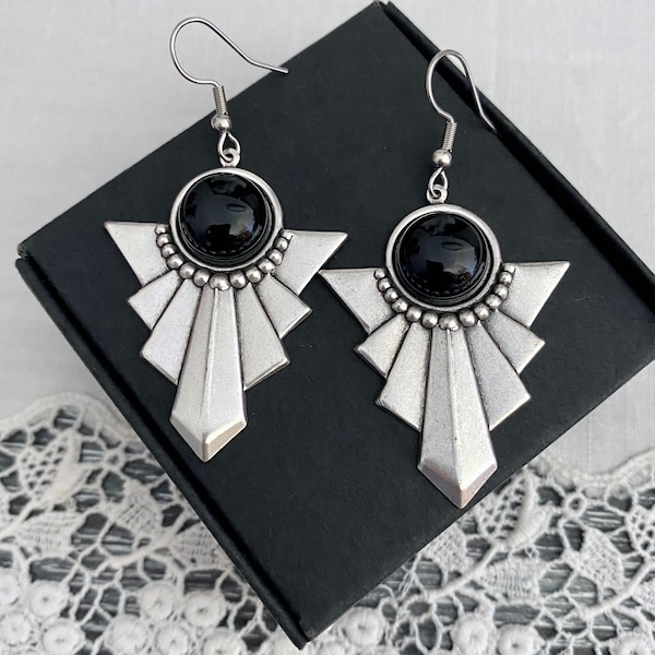 Art deco large earrings/Black Onyx cabochon/silver art nouveau jewelry/bohemian vintage/australian seller/large drop earrings/boho jewellery