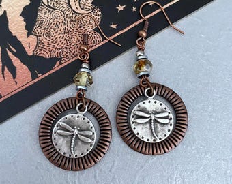 Dragonfly silver and red copper hoop earrings: