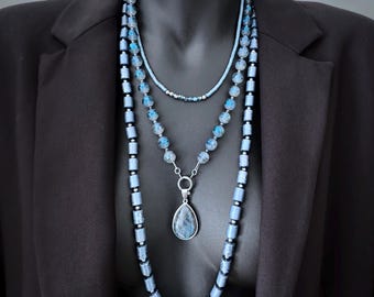 瑪瑙ネックレスセット：ボツワナ産瑪瑙、化石、黄鉄鉱ビーズジュエリー