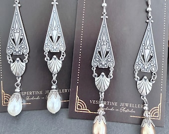 Kolczyki z pereł w stylu Art Deco, srebrna biżuteria w stylu vintage, styl Gatsby'ego