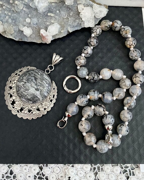 Crescent Moon Grey Lace Agate Pendant 