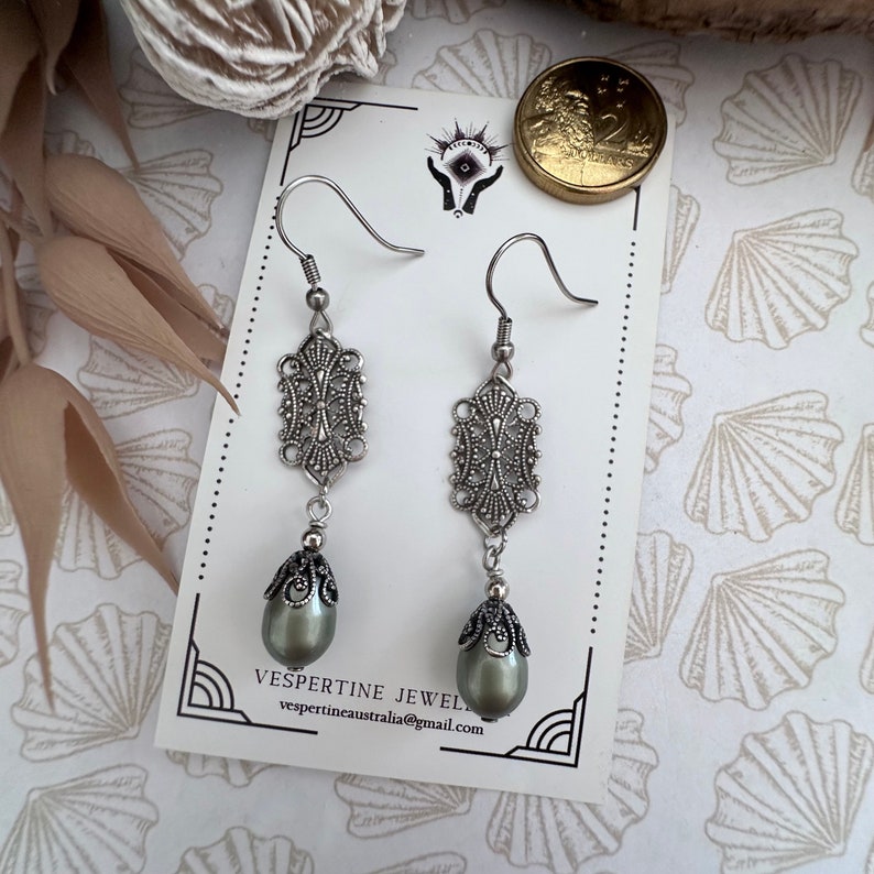 Vintage style filagree earrings/bridal earrings/wedding jewellery/australian seller/Swarovski pearl drop earrings/pacific opal drop earring image 4