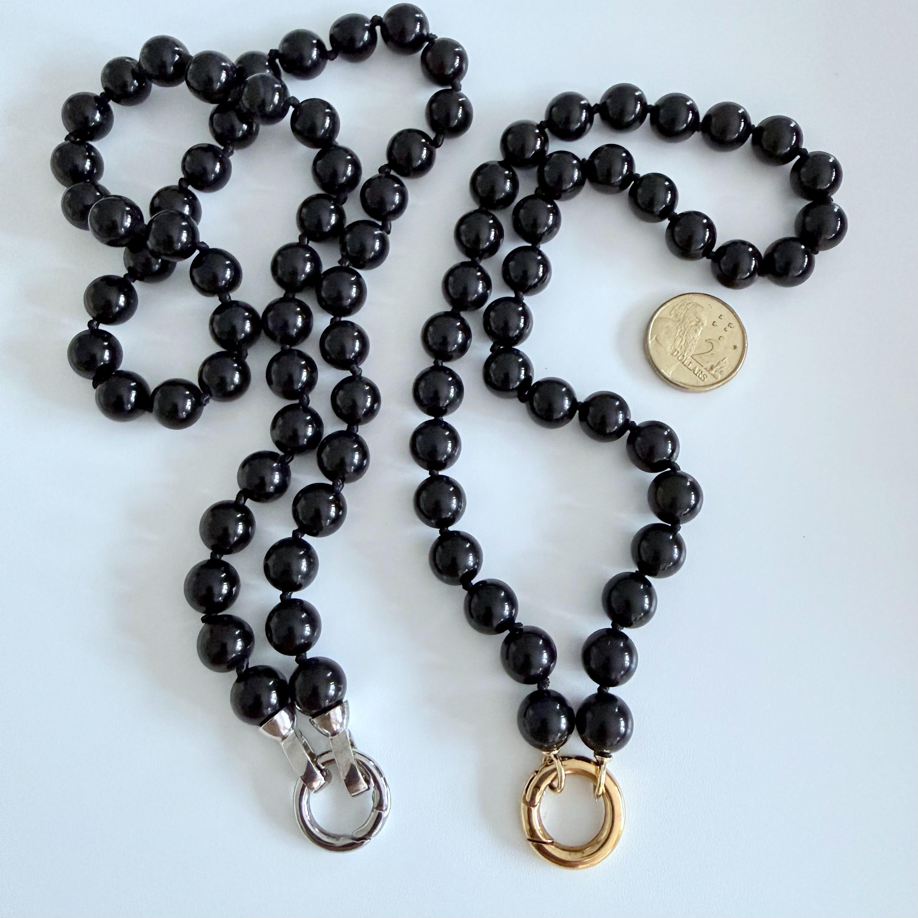 BLACK OBSIDIAN 10mm Knotted Bead Necklace: Stainless Steel Clasp