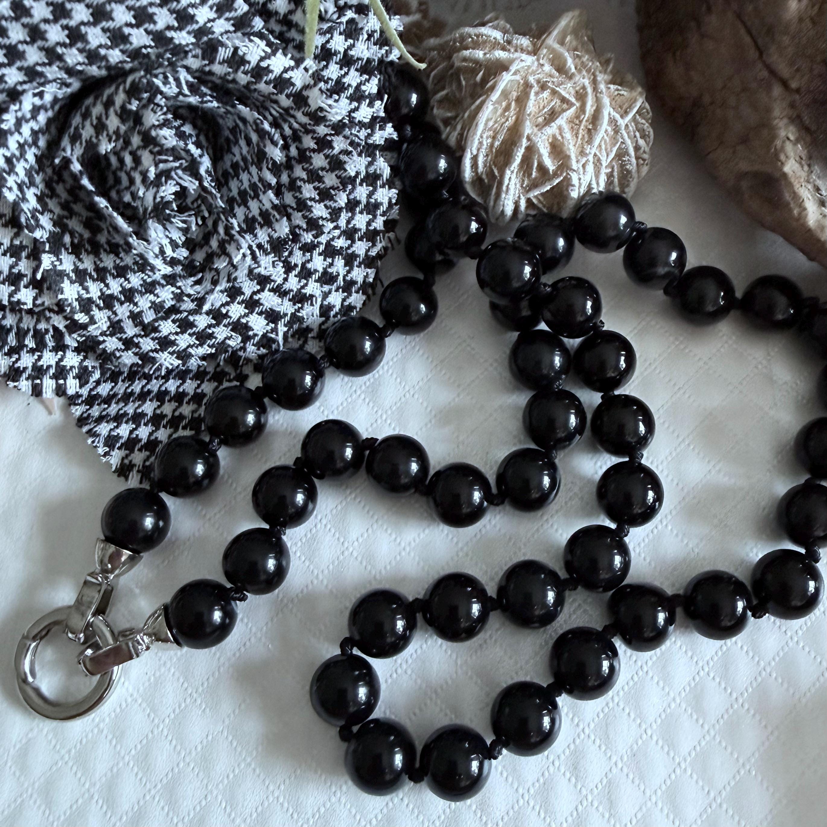 BLACK OBSIDIAN 10mm Knotted Bead Necklace: Stainless Steel Clasp