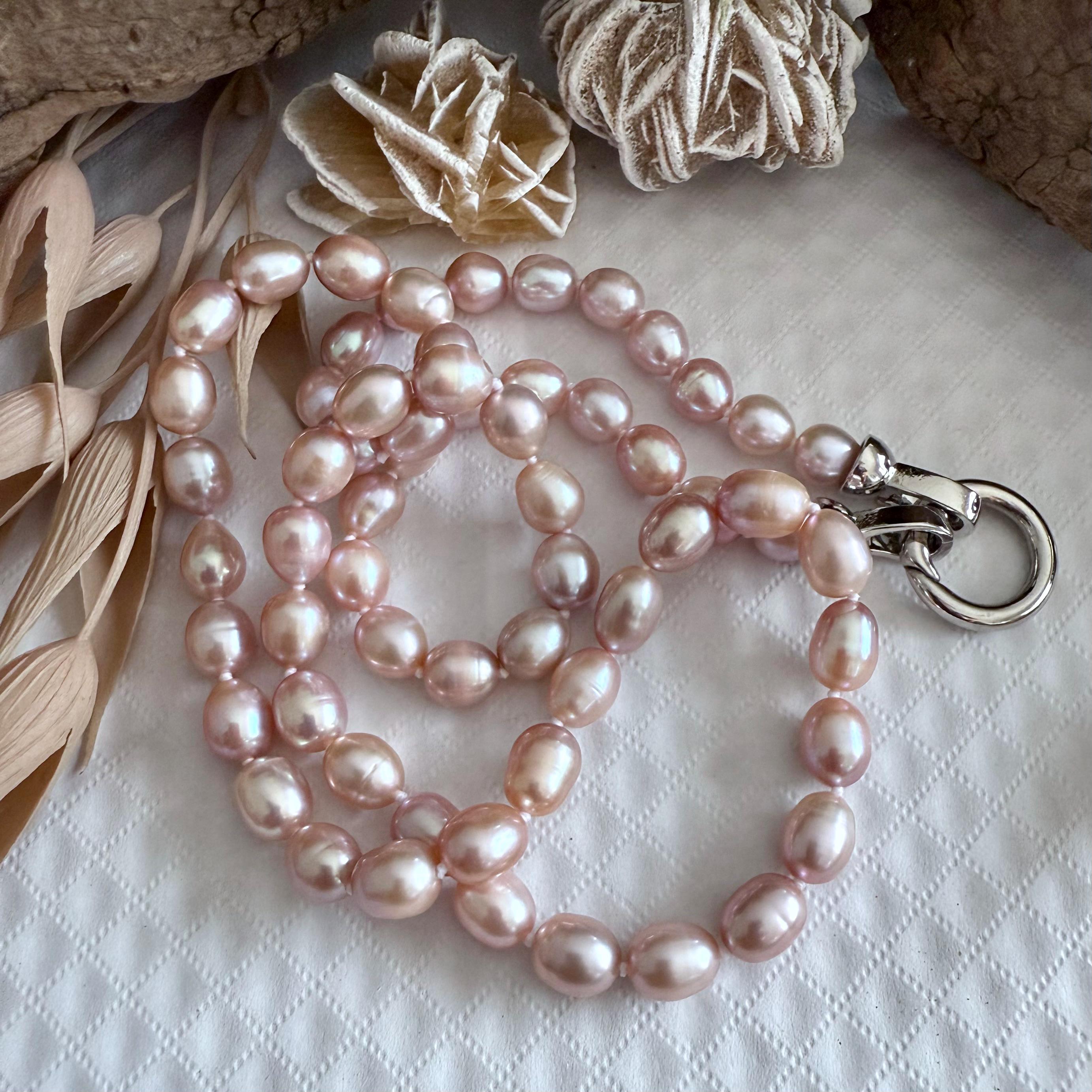 7-8mm Pink Rice Pearl Necklace: Hand Knotted Freshwater Pearls