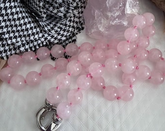 Rose Quartz 10mm Knotted Gemstone Necklace: Boho Beaded Jewelry