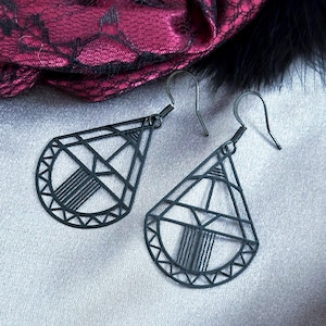 Black Art Deco style earrings/black filagree earrings/boho hippie earrings/birthday gift for her/australian seller/laser cut black earrings