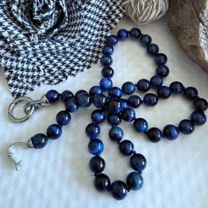 Blue 8mm Tiger Eye Knotted Bead Necklace: Handmade Gemstone Jewelry