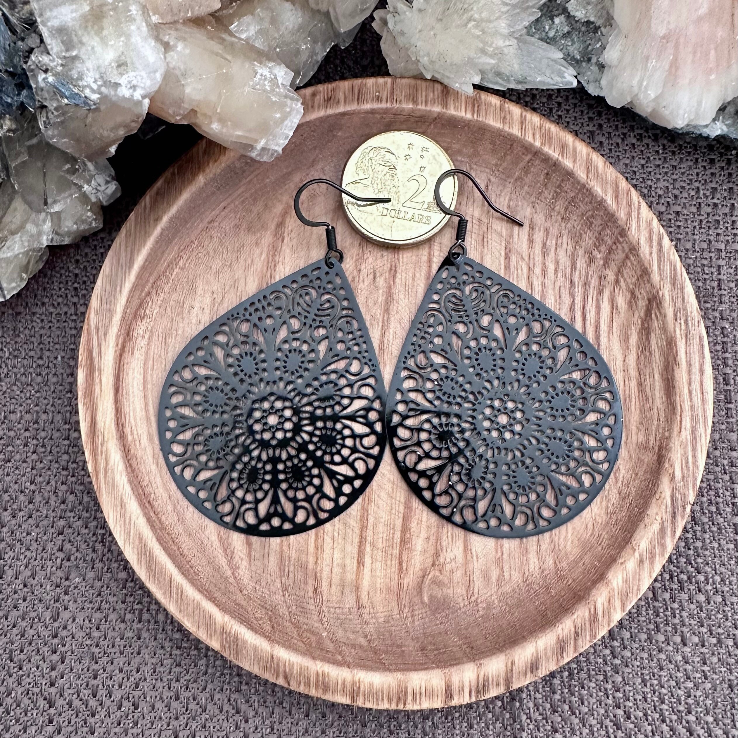 Large Black Filigree Teardrop Earrings - 8cm Enamel Metal With Rhinestone Details