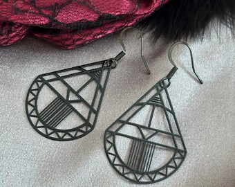 Black Art Deco style earrings/black filagree earrings/boho hippie earrings/birthday gift for her/australian seller/laser cut black earrings