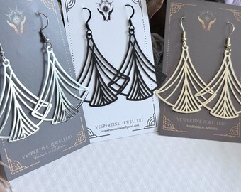 Art Deco Earrings, Geometric  Lightweight Laser Cut Jewellery, Black, Gold or Silver Statement Earrings