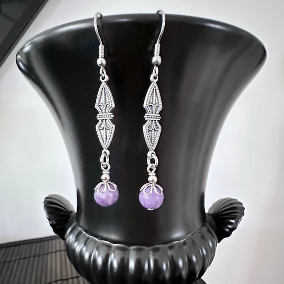 Boucles D'oreilles Pendantes Argent 925 Style Bohème - Perles Améthyste, Fermoir Dormeuse, Neuves