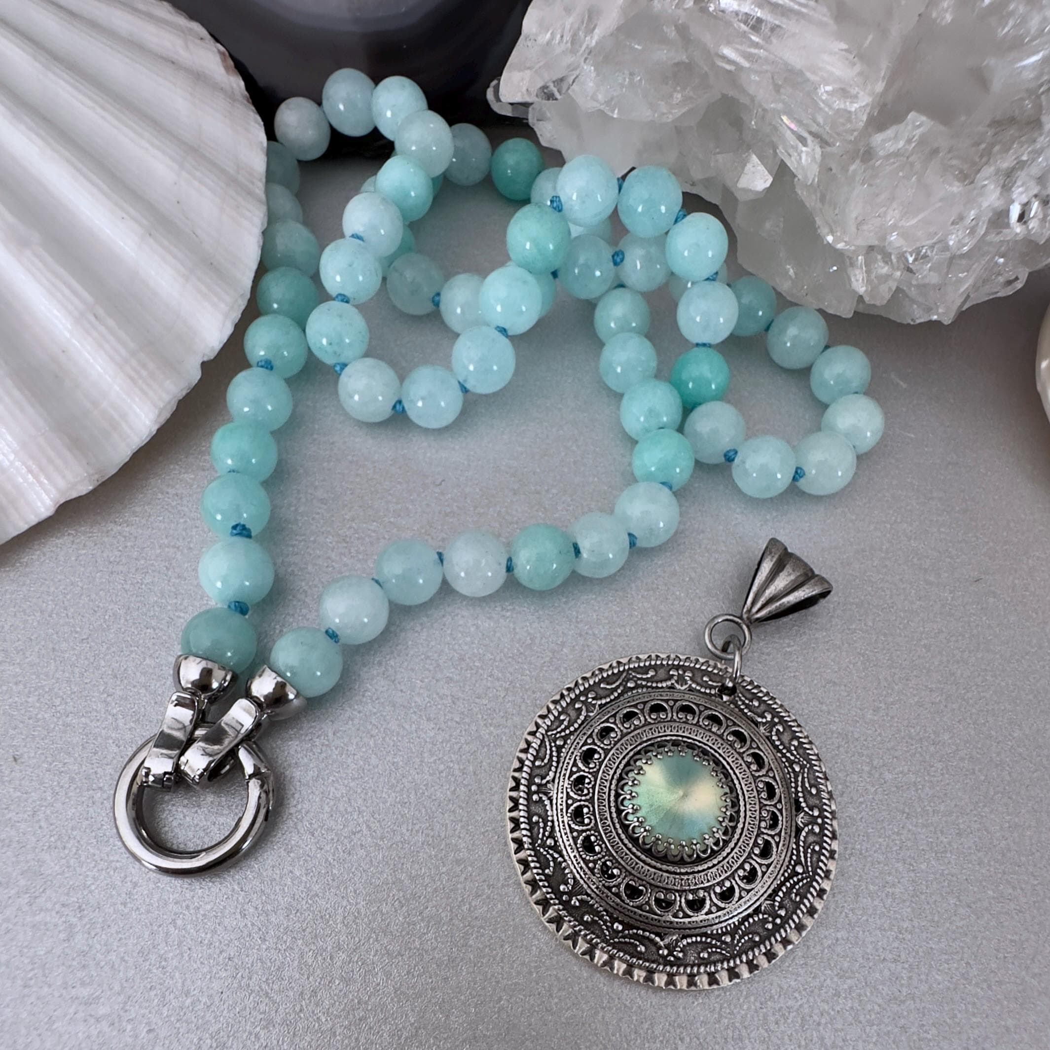 Chalcedony 8mm Knotted Beaded Necklace: Pastel Blue Green Gemstone
