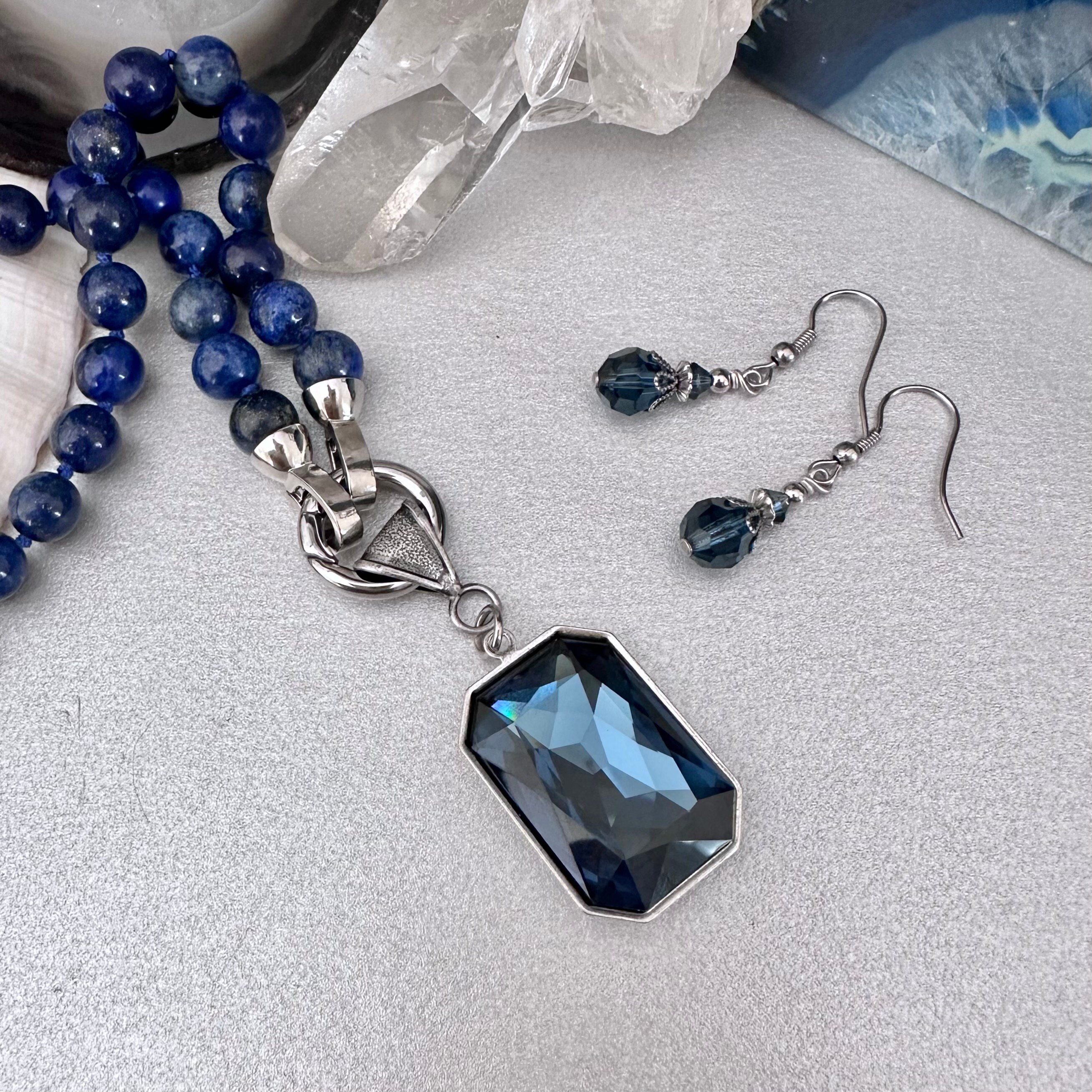 Swarovski Montana Blue Crystal Jewelry Set: Octagon Pendant and 