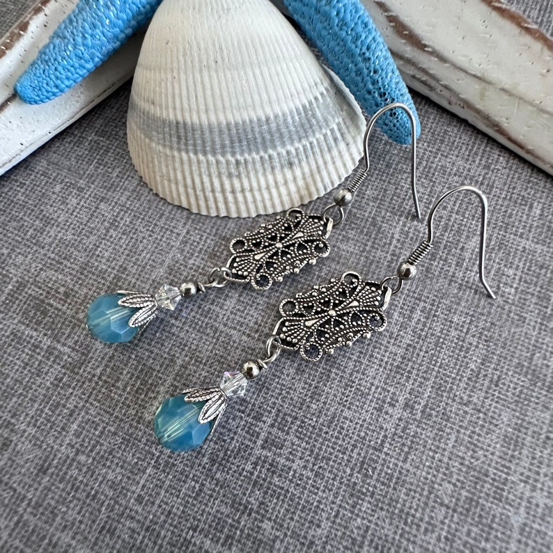 Vintage style filagree earrings/bridal earrings/wedding jewellery/australian seller/Swarovski pearl drop earrings/pacific opal drop earring image 8