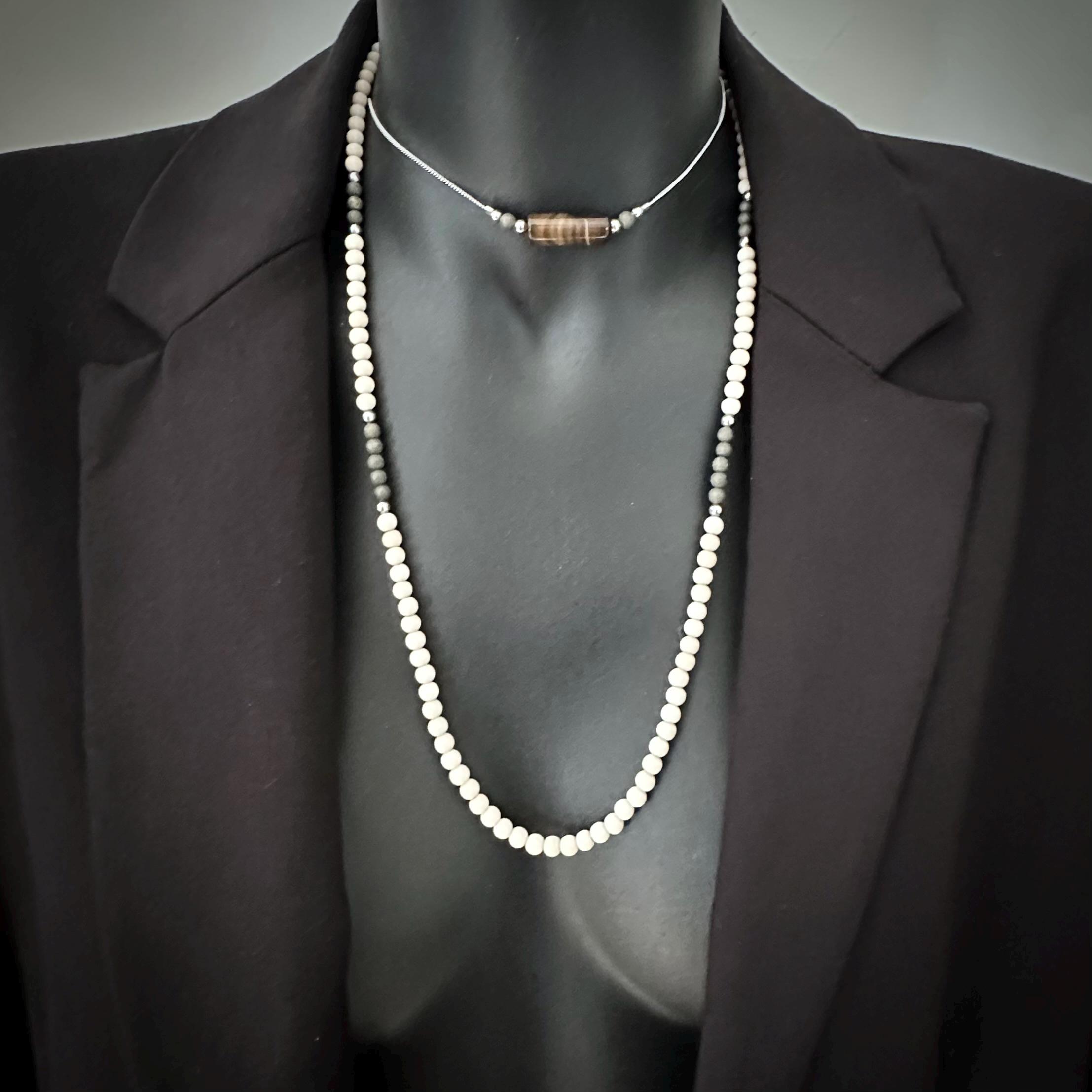 マナウ 玛瑙 ネックレス　L-50cm 瑪瑙ネックレスセット：ボツワナ産瑪瑙、化石、黄鉄鉱ビーズジュエリー