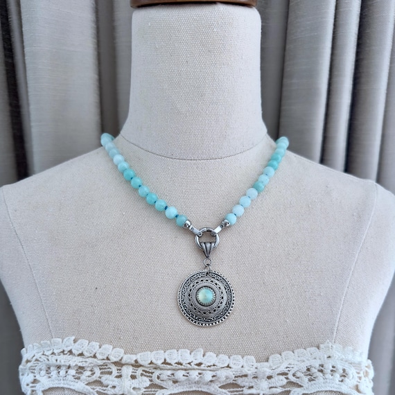 Chalcedony 8mm Knotted Beaded Necklace: Pastel Blue Green Gemstone