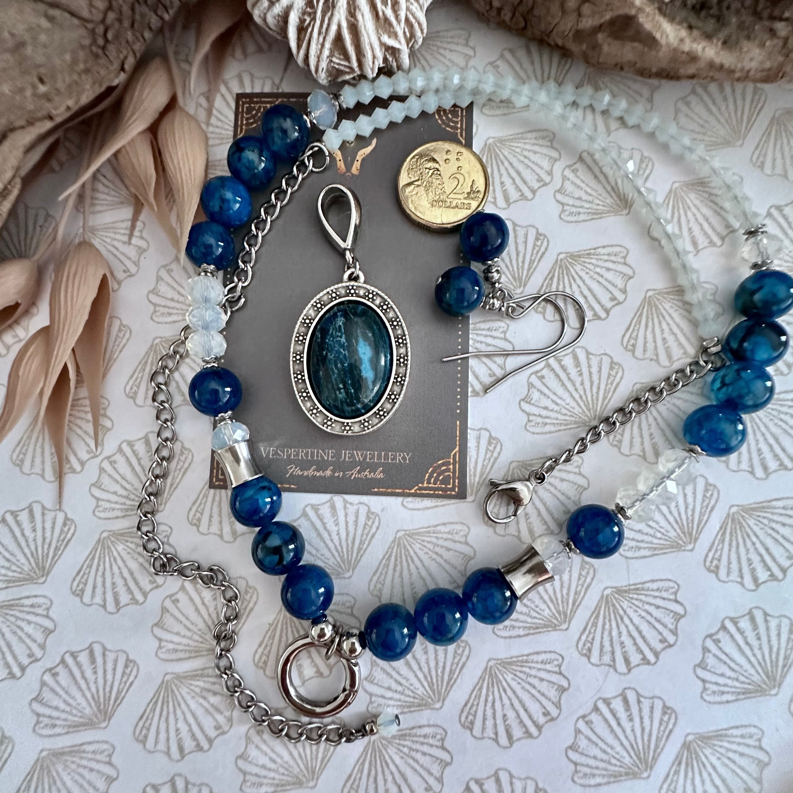 Blue Dragon Vein Agate Necklace: Interchangeable Jasper Pendant