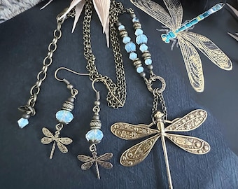 Opalite Dragonfly Necklace & Earrings Set: Antique Bronze Bohemian Jewelry