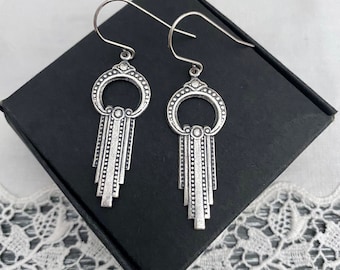 Art Deco Drop Earrings, Oxidized Silver Plated Brass, Victorian Vintage style
