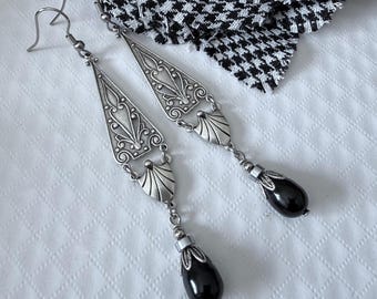 Art Deco Pearl Earrings, Silver Vintage Black pearl Jewellery, Gatsby style