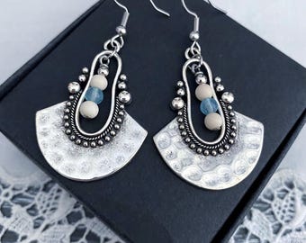 Hammered Silver Boho Earrings: Howlite and Aquamarine Gemstone Beads, Stainless steel hooks