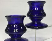 Pair of Vintage Peltier Glass Marble Company Cobalt Blue Small Candlestick Candle Holders