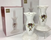 Pair of Mikasa Holiday Lace Porcelain Christmas Candlestick Candle Holders with Boxes