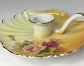 Vintage 1950 39 s Lefton China Roses Leaf Shaped Chamber Stick Chamberstick Candlestick Candle Holder