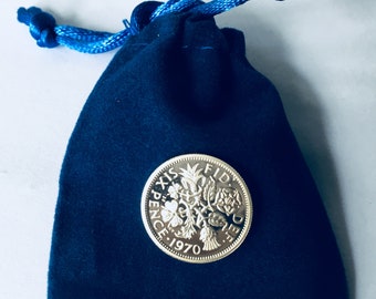 QUEEN ELIZABETH II 1970 Wedding Silver Sixpence + Blue Pouch ++ Last Year of the Sixpence - For that Special Wedding!! ++