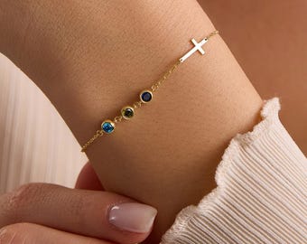 Cross Bracelet with Birthstone, Dainty Gold Cross Bracelet, Tiny Cross Bracelet, Confirmation Gift, Baptism Gift, Mothers Day Gifts For Her