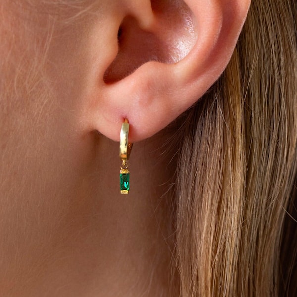 Emerald Hoop Earrings, Minimalist Gold Hoops, Christmas Gifts, Bridesmaids Gifts , Baguette Hoops Earring