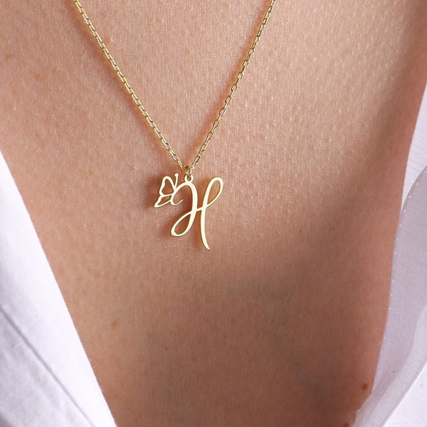 14k Gold Initial Necklace With Butterfly , Initial Necklace , Personalized Necklace , Letter Necklace, Christmas gift ,Butterfly necklace